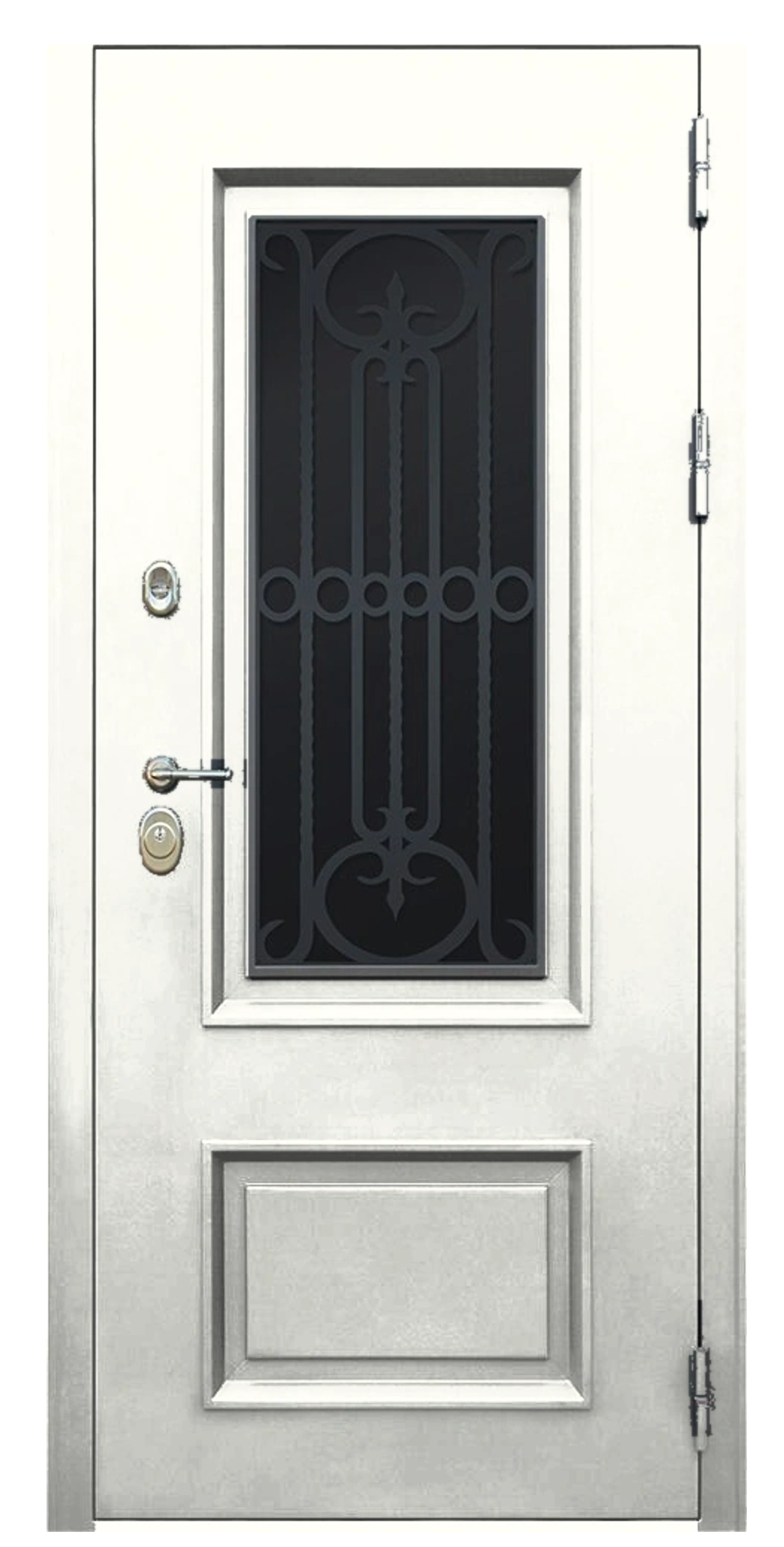 Стальная дверь Терморазрыв «Монарх с окном и лазерной резкой» белый матовый